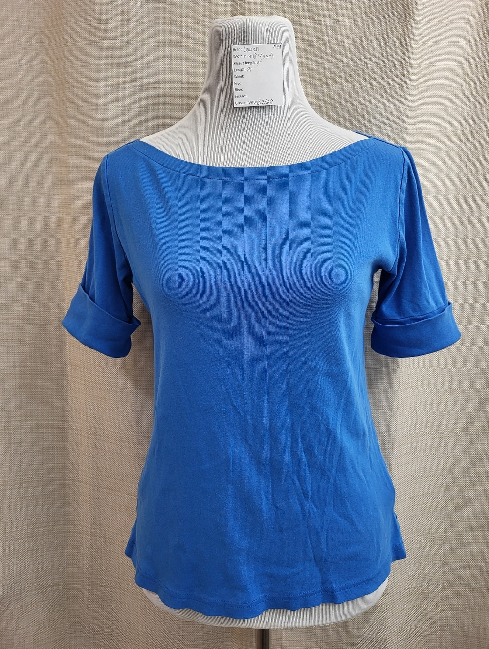 LRL Lauren Ralph Lauren Blue Cuffed Top Women's Med Short Sleeve Pullover Cotton